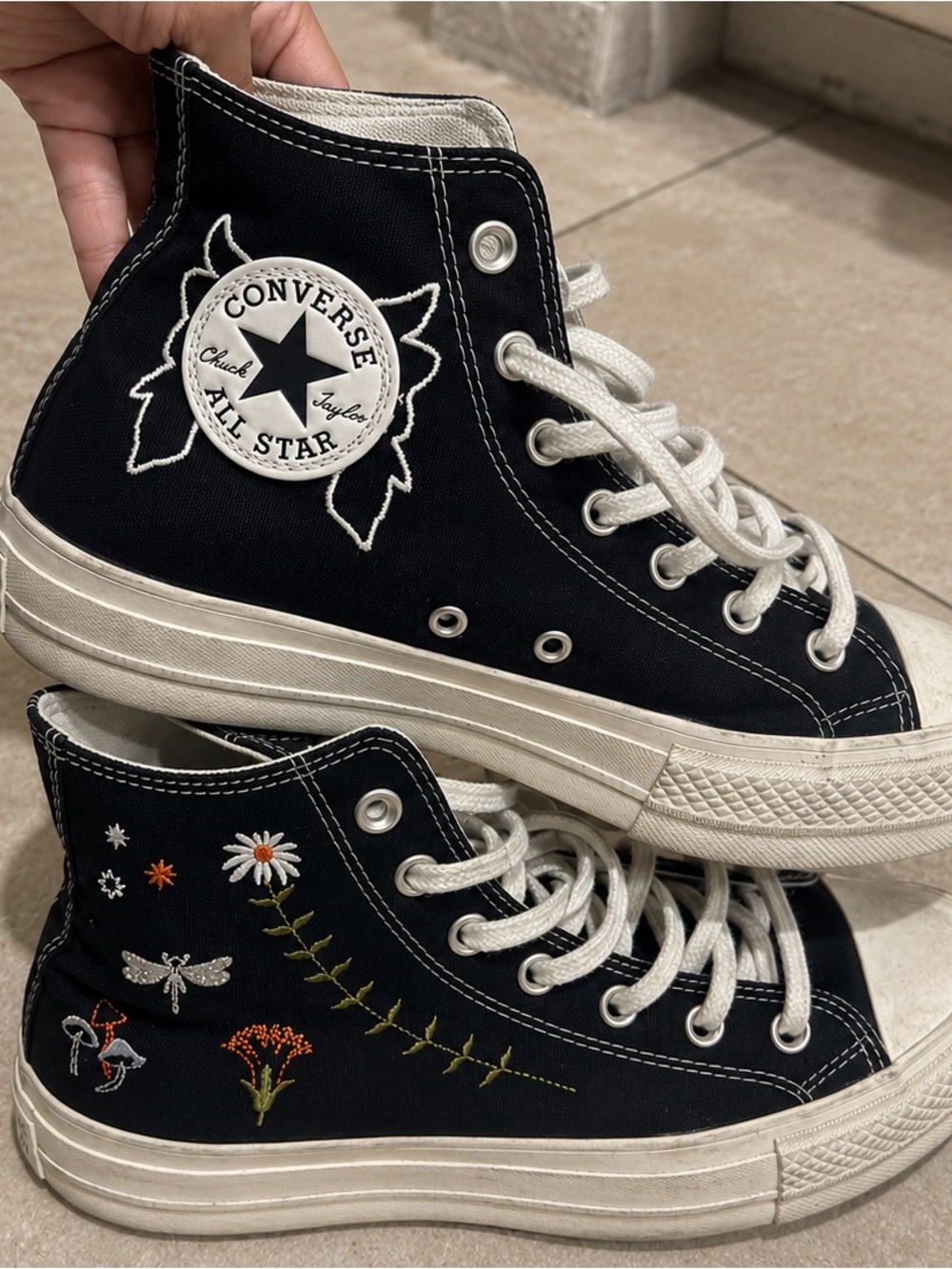 Converse Black High Top Sneakers with Colorful Embroidered Floral Accents